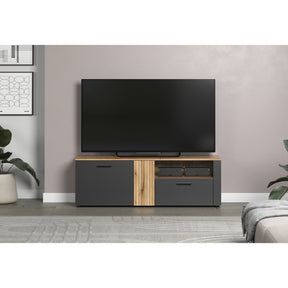 Comoda TV ESTEBAN, gri grafit/stejar, PAL laminat, cu 2 usi si un sertar, 150x42x50 cm