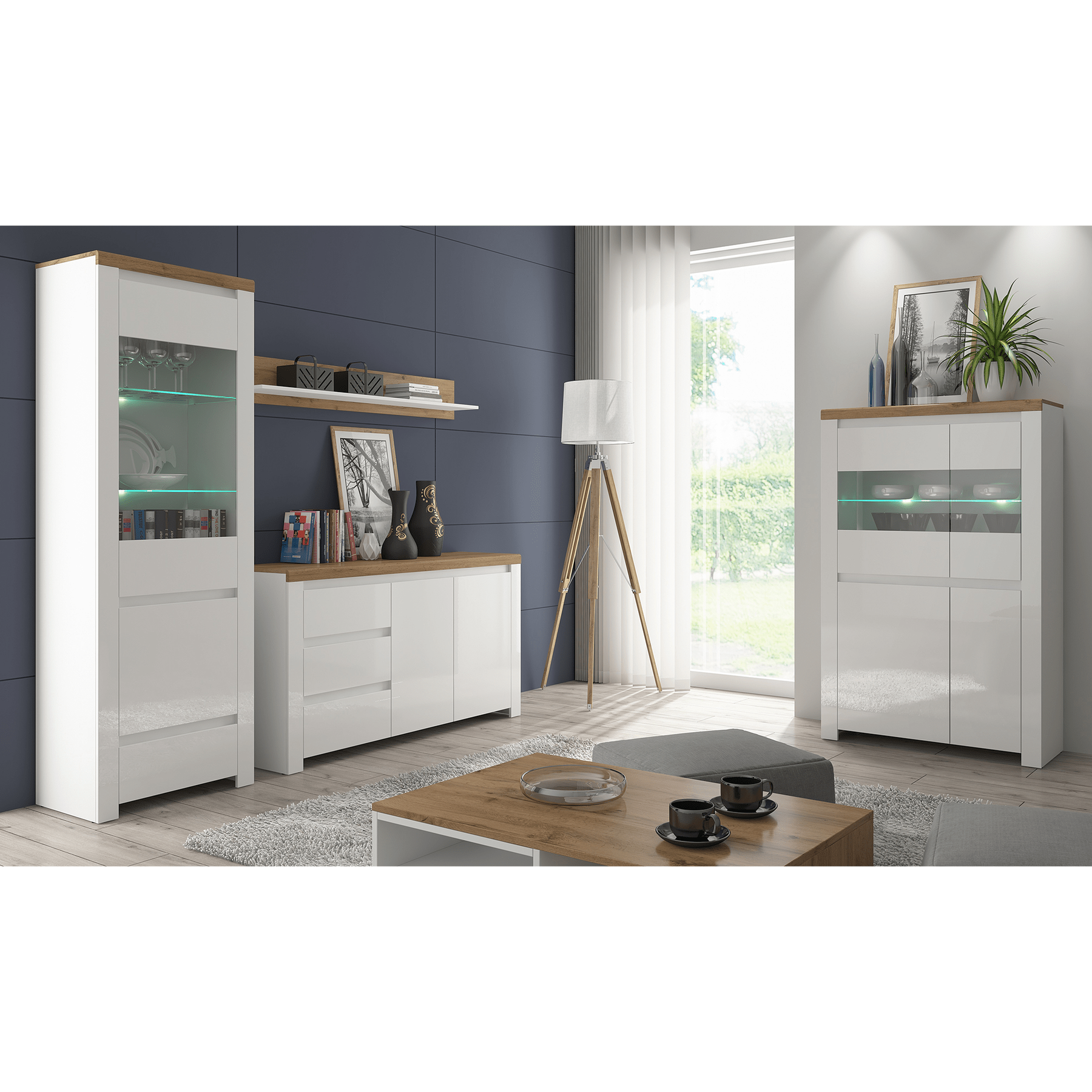 Vitrina VIGO 2D2W, alb/stejar wotan, PAL laminat/canturi ABS/MDF/sticla, 98x42x157 cm