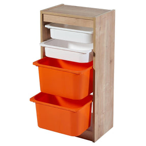 Comoda cu 4 cutii depozitare Tuvalle 058, stejar/alb/portocaliu, PAL/plastic, 47x31x95 cm