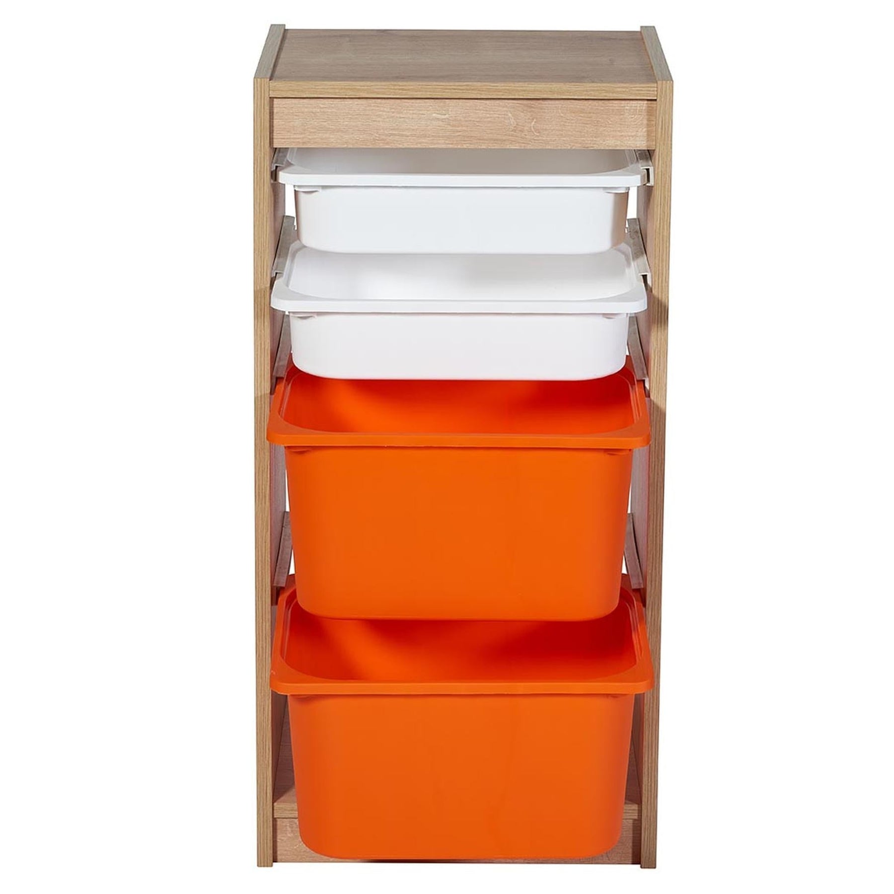 Comoda cu 4 cutii depozitare Tuvalle 058, stejar/alb/portocaliu, PAL/plastic, 47x31x95 cm