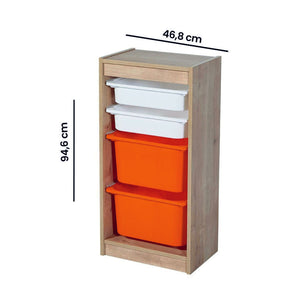 Comoda cu 4 cutii depozitare Tuvalle 058, stejar/alb/portocaliu, PAL/plastic, 47x31x95 cm