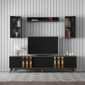 Set living Gold, format din comoda TV, 2 rafuri si o polita, negru/auriu, PAL