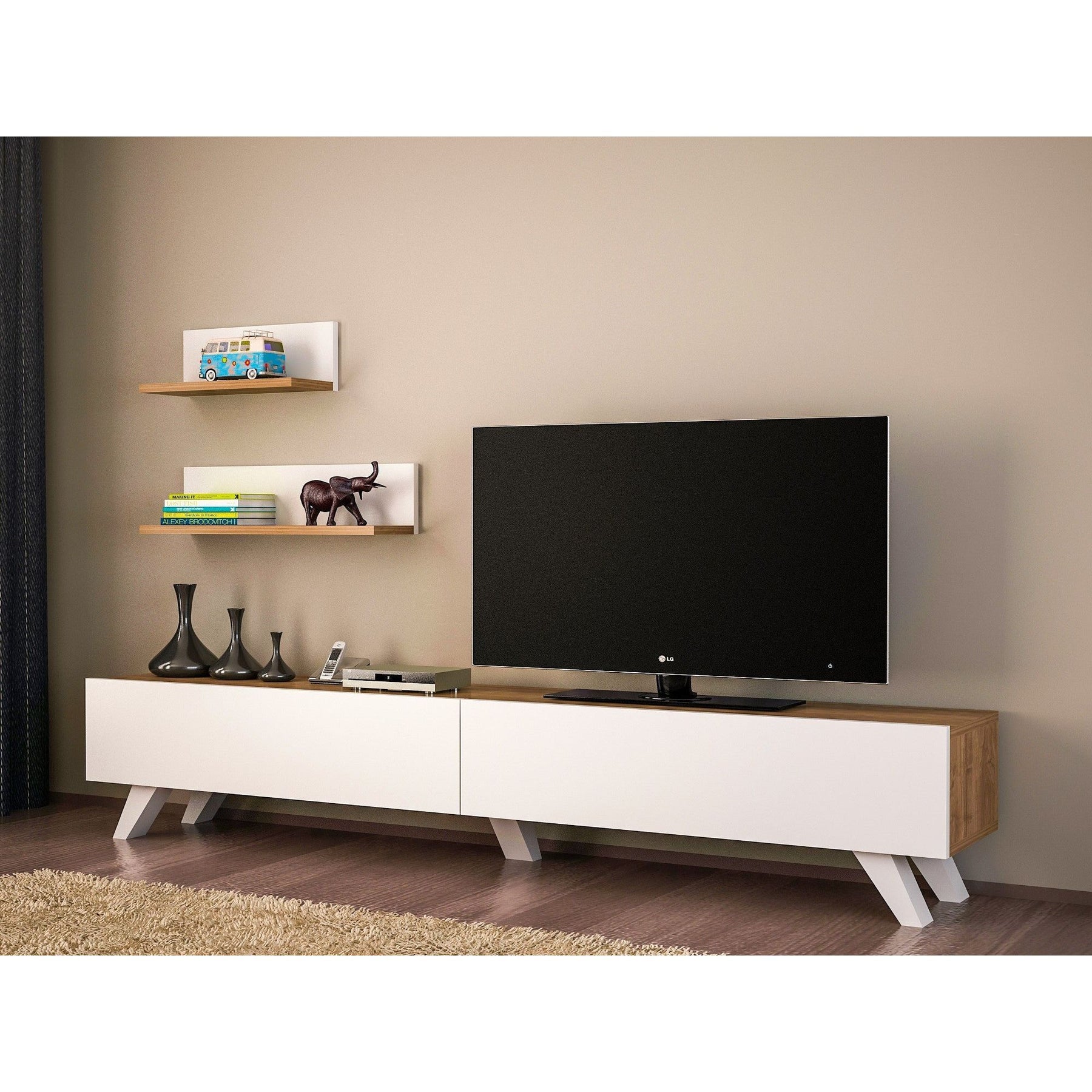 Set living Amerika, format din comoda TV si 2 polite, alb/nuc, PAL