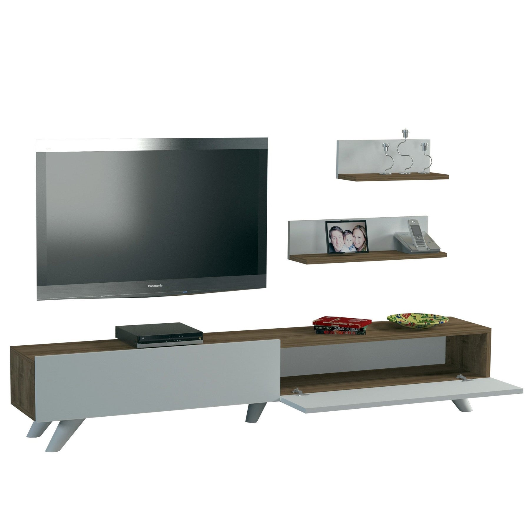 Set living Amerika, format din comoda TV si 2 polite, alb/nuc, PAL