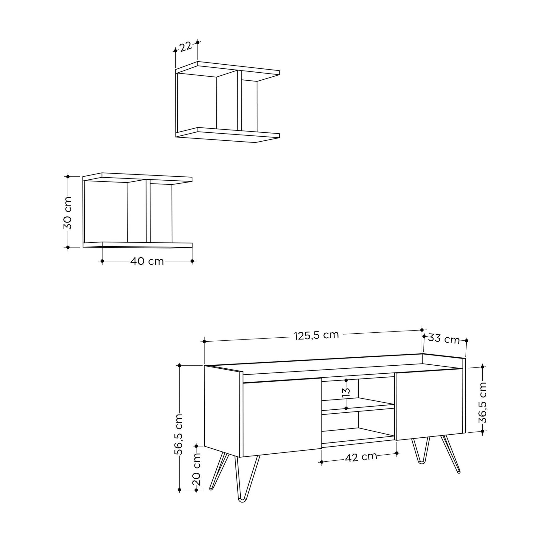 Set comoda TV si 2 rafturi Klappe, gri, PAL