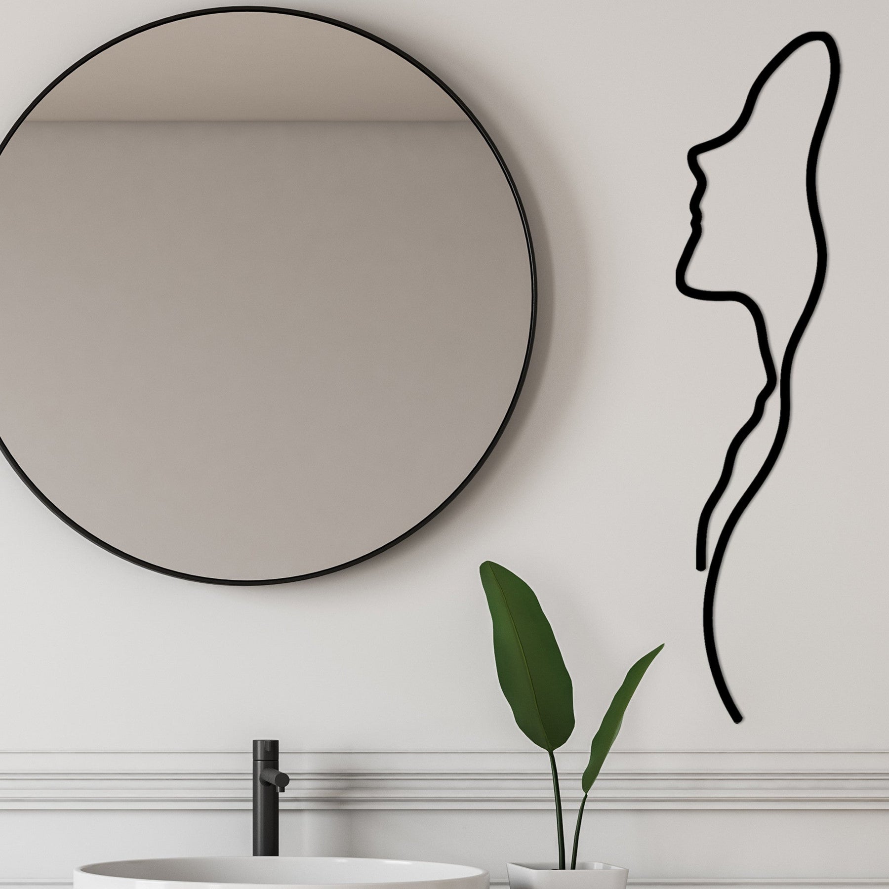 Decoratiune perete Woman Face Profile, negru, metal, 18x74 cm