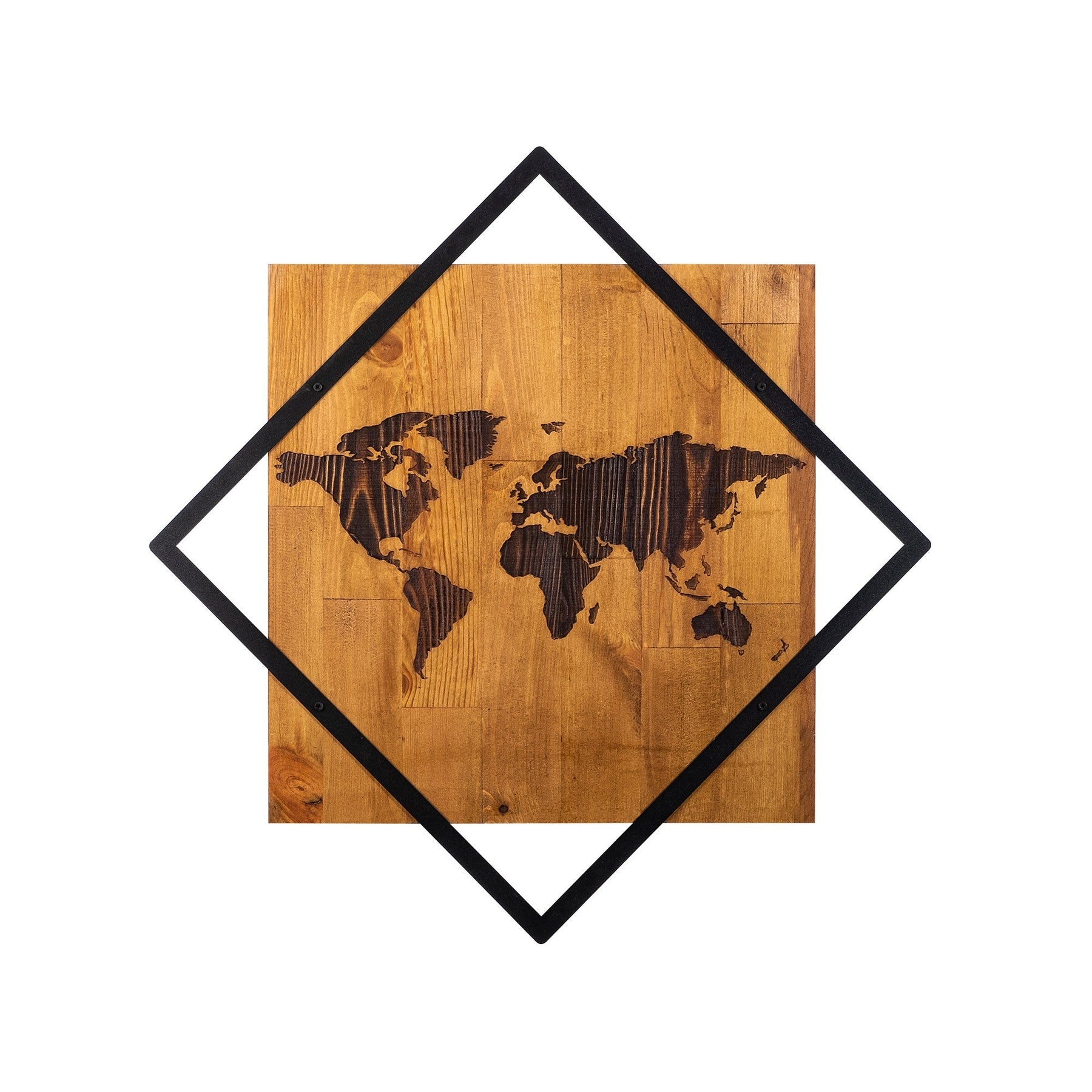 Decoratiune perete World 2, stejar/negru, lemn/metal, 54x54 cm